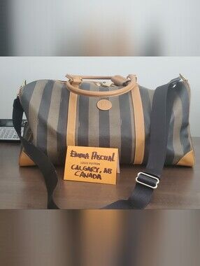 Fendi Brown and Black Striped Canvas Satchel with Leather Emblem